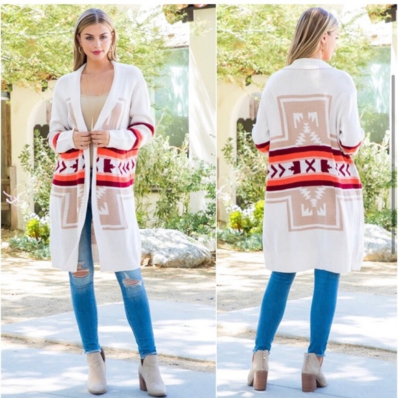 LAST ONE: Women’s Aztec print fall colors knee length cardigan sweater - Picture 2 of 4